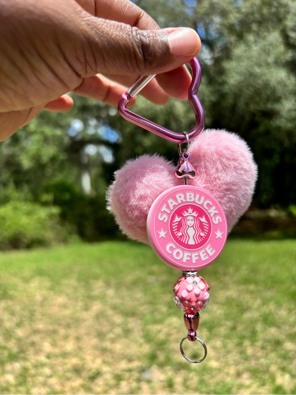 Custom Designed Pink Coffee Heart Pom Keychain with  Charm